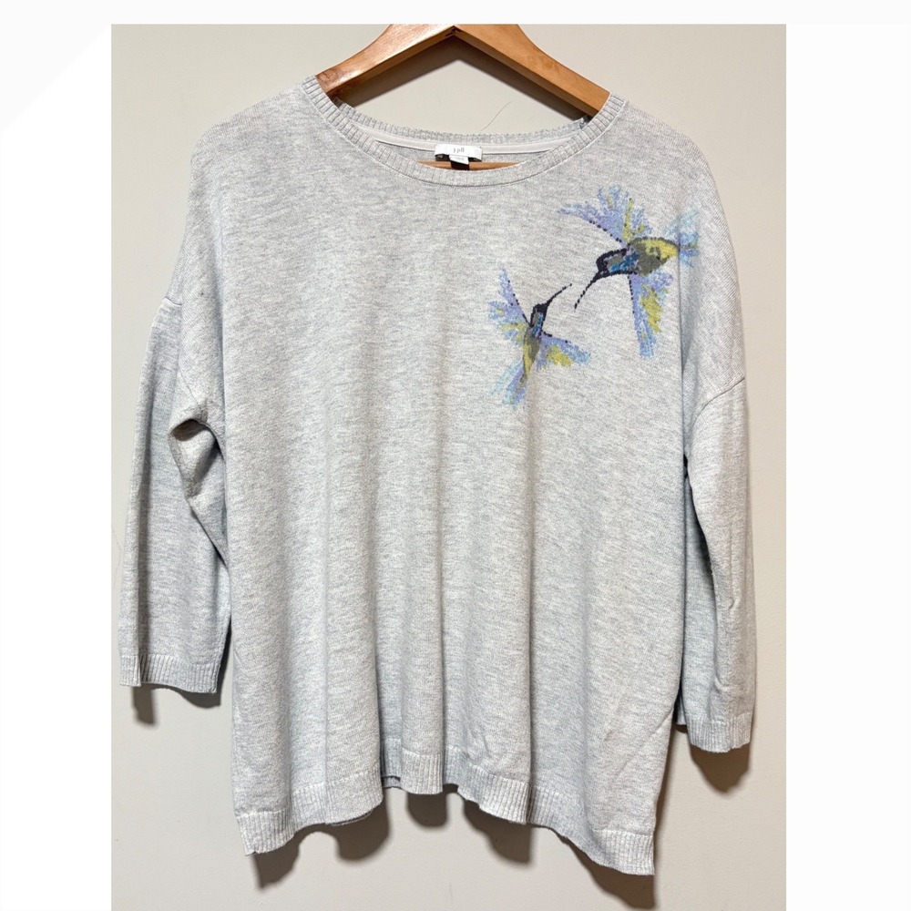 J.Jill Womens Gray Hummingbird Knit Sweater Size L Petite 3/4 Sleeve SSW265742